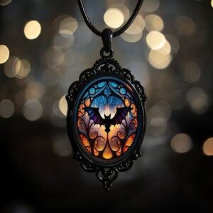 Vintage Style Bat Cameo Pendant‎ Necklace Gothic Halloween Faux Fashion Jewelry